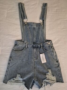 Cider Light Denim Distressed Short Overalls